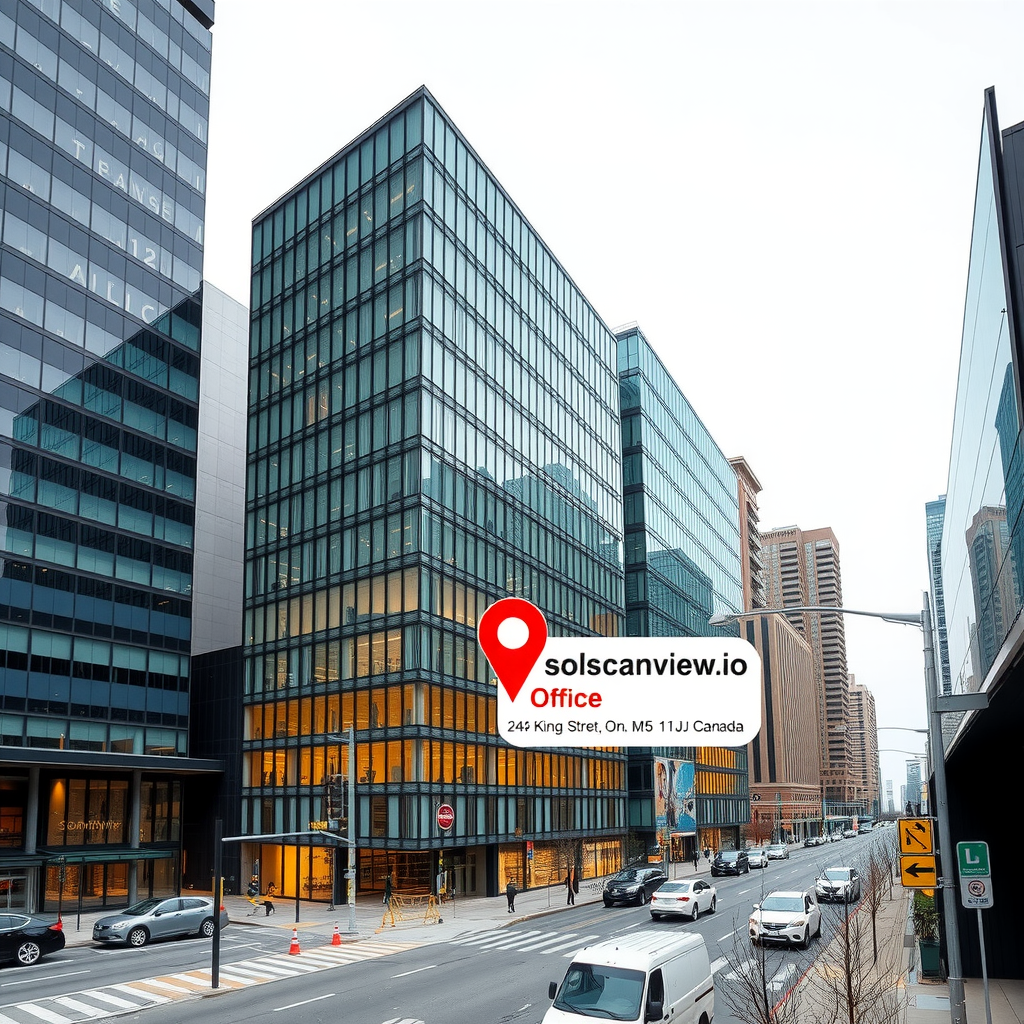 Map showing solscanview.io office location at 248 King St W, Toronto, ON M5V 1J2, Canada - modern office building in downtown Toronto financial district with glass facade and urban streetscape