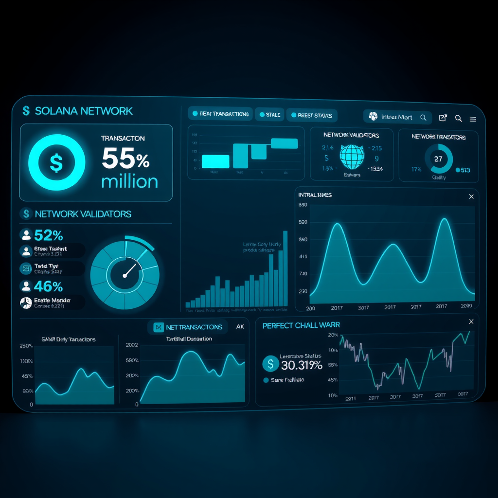 Solana blockchain network dashboard displaying real-time transaction metrics with glowing cyan data visualizations showing 65 million daily transactions, network validators status, and performance graphs on dark navy background with futuristic interface elements