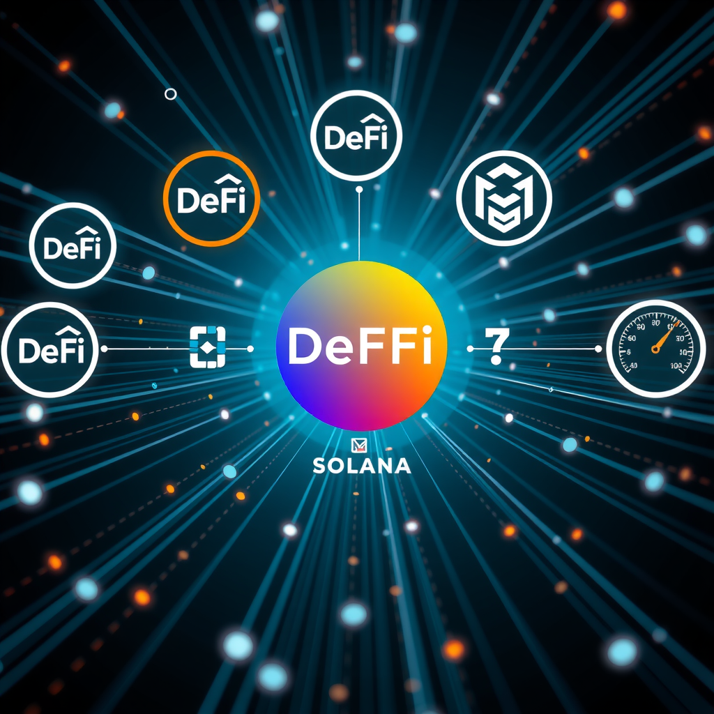 Visualization of multiple DeFi protocol logos and blockchain network connections converging toward Solana's distinctive gradient logo, with digital transaction streams and speed indicators showing high-performance blockchain activity
