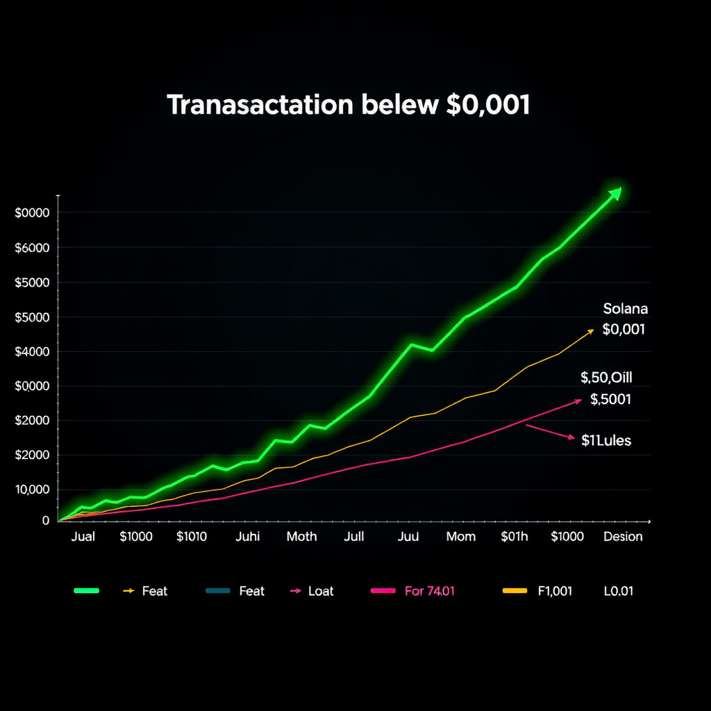 Graph visualization showing Solana transaction fees remaining consistently below $0.001 with green trend lines on dark background, comparing against other blockchain networks with higher fees displayed in contrasting colors