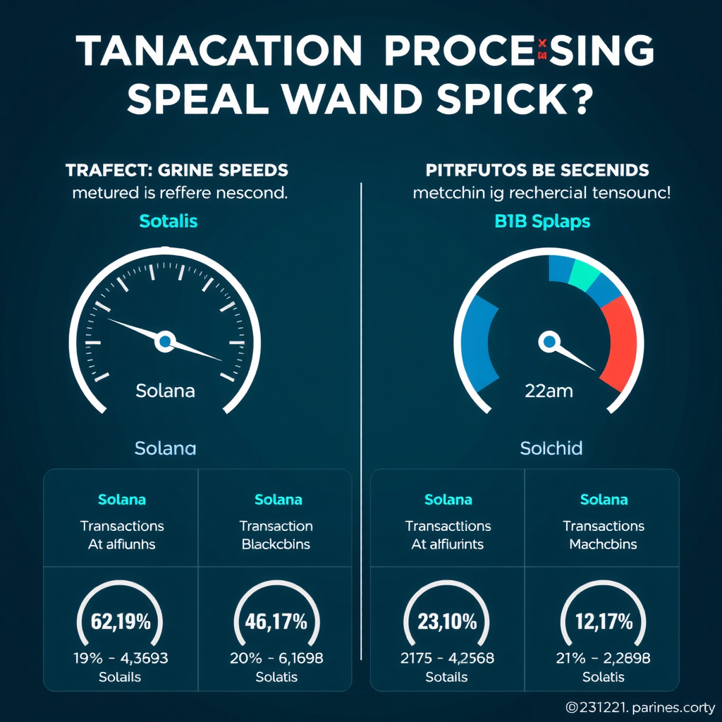 Detailed infographic comparing transaction processing speeds across different blockchain networks, with Solana showing significantly higher throughput measured in transactions per second, displayed with animated speed gauges and performance metrics