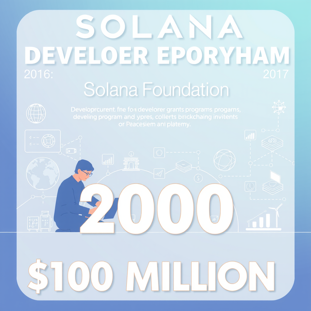 Solana Foundation developer grant program announcement with digital illustration of developers coding, blockchain infrastructure symbols, funding icons, and innovation graphics representing $100 million investment in ecosystem growth