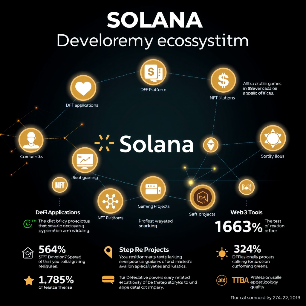 Infographic showing Solana developer ecosystem growth with icons representing DeFi applications, NFT platforms, gaming projects, and Web3 tools, connected by glowing network lines on dark background with statistics and growth metrics