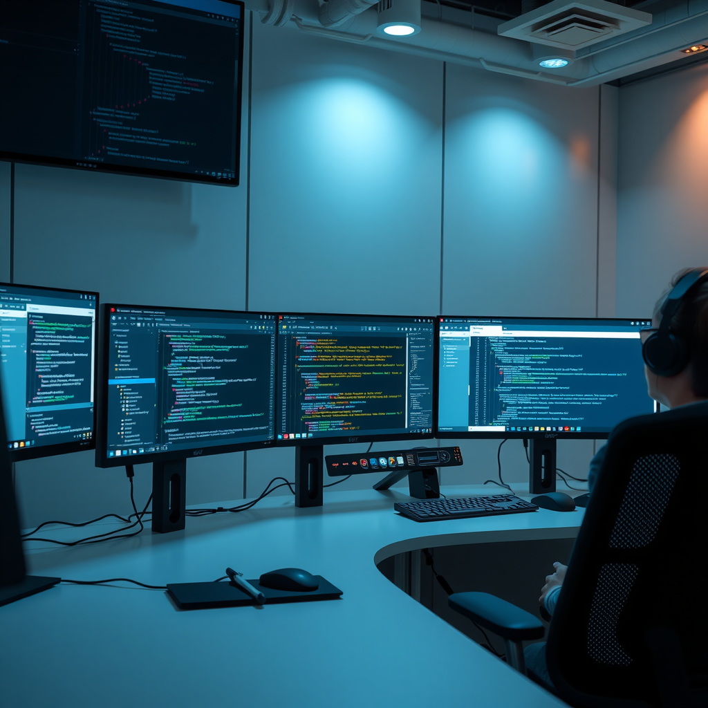 Modern developer workspace showing multiple screens with Solana development tools, code editors displaying Rust programming language, blockchain explorer interfaces, and testing frameworks, representing the comprehensive developer ecosystem