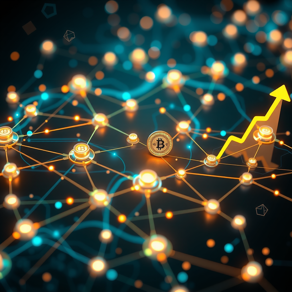 Futuristic digital illustration showing interconnected DeFi protocols forming a vibrant network on Solana blockchain, with flowing liquidity streams, glowing transaction nodes, and upward trending growth indicators symbolizing ecosystem expansion